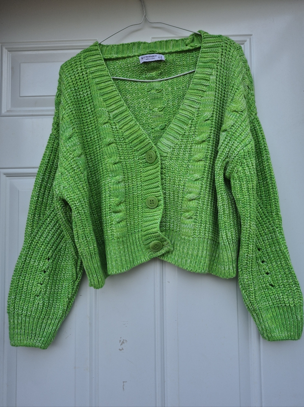 Bright Green Cropped Colorful Knit Button Front Relaxed Fit Cardigan Sweater - Picture 7 of 8